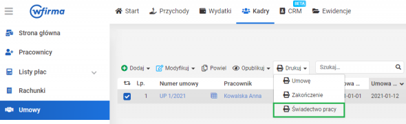 Świadectwo pracy w systemie wFirma.pl generowanie