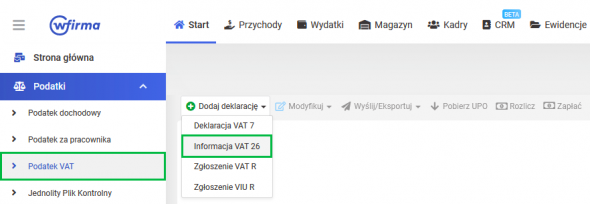 Jak wygenerować VAT-26 w systemie wFirma.pl?