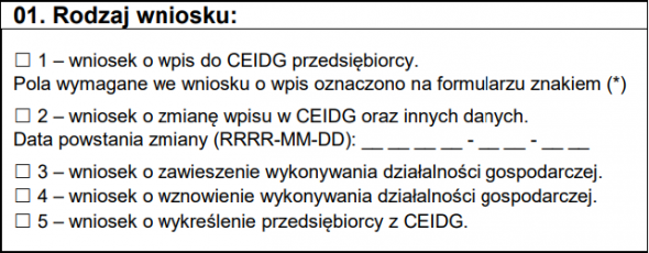 CEIDG-1 - rodzaj wniosku