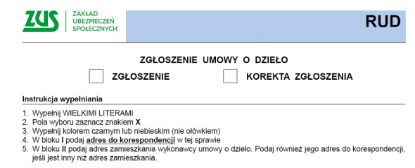 Zgłoszenie umowy o dzieło do ZUS-u RUD