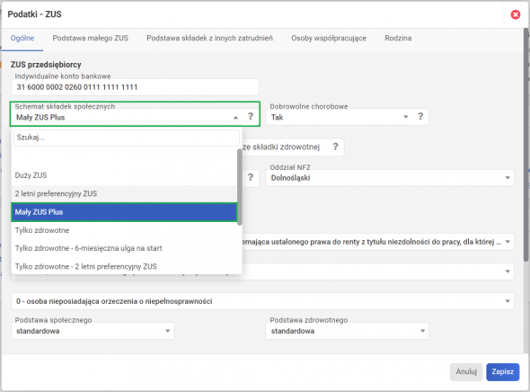 Mały ZUS plus - ustawienia