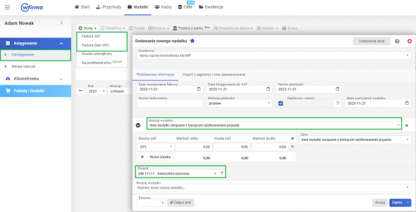 Zakup opon samochodowych - księgowanie w systemie wFirma.pl