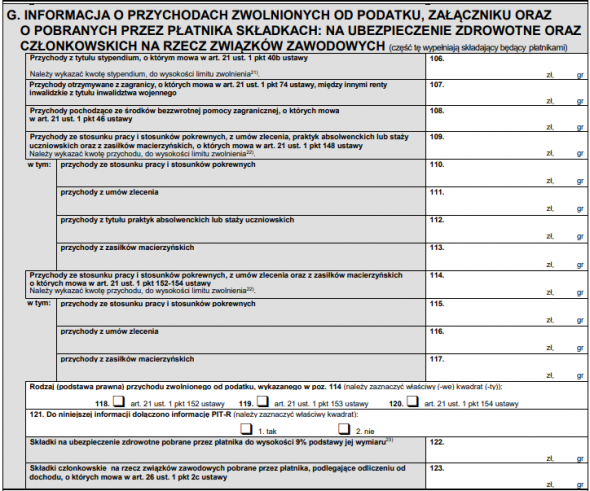 PIT-11 G. Informacja o przychodach zwolnionych od podatku oraz o załączniku